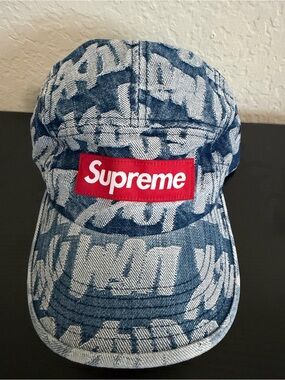 Supreme Red Box Logo Denim Camp Cap - Blue/White